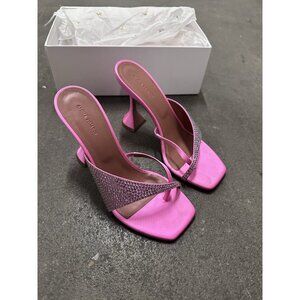 AMINA MUADDI Shiona 95 Slipper Heels Fluo Pink & White Crystals